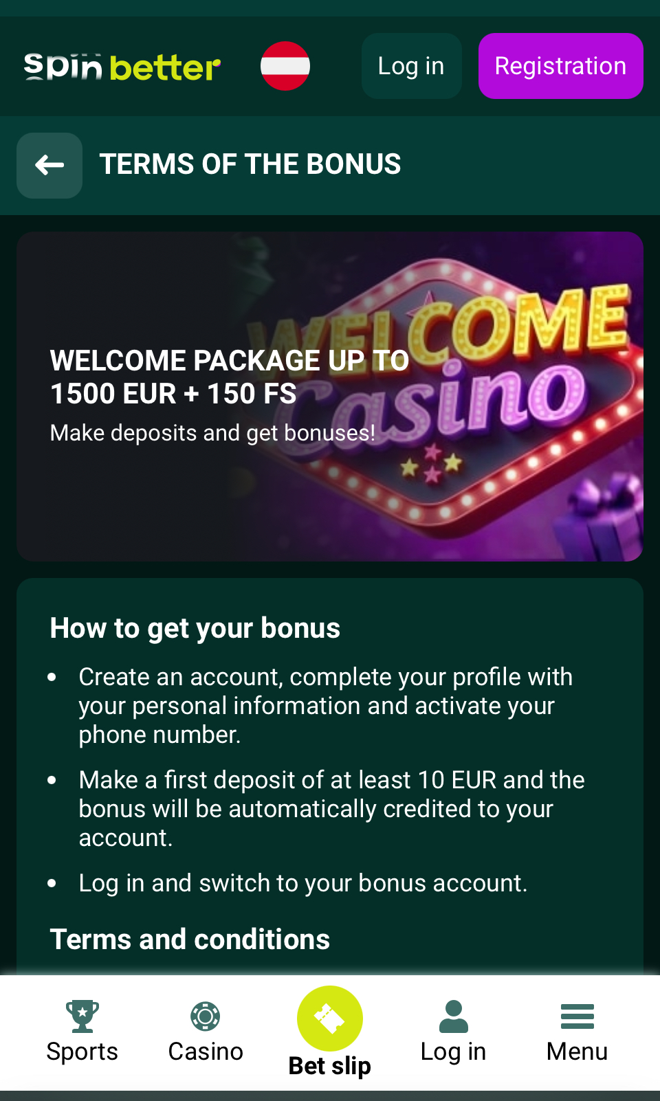 spinbetter casino page interface