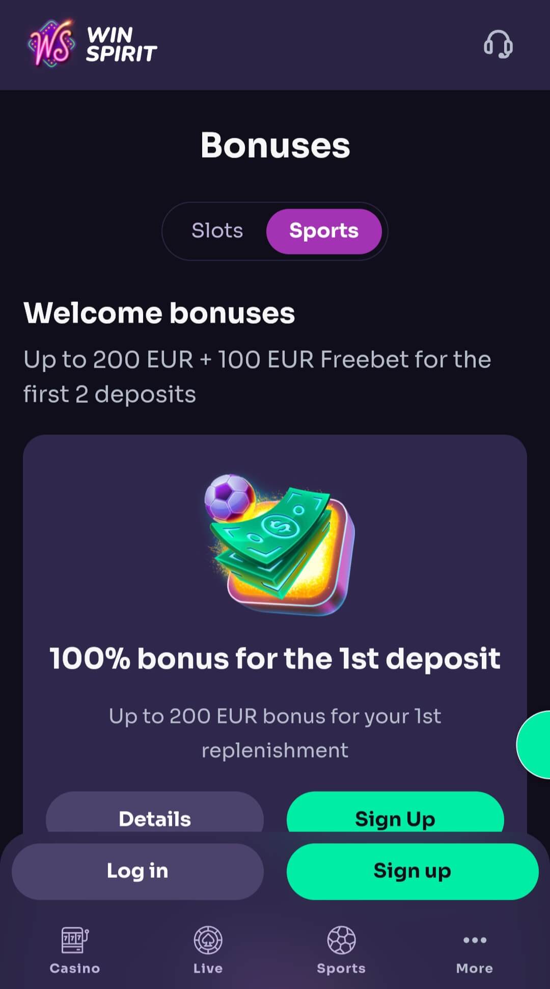 WinSpirit Mobile App Main Screen