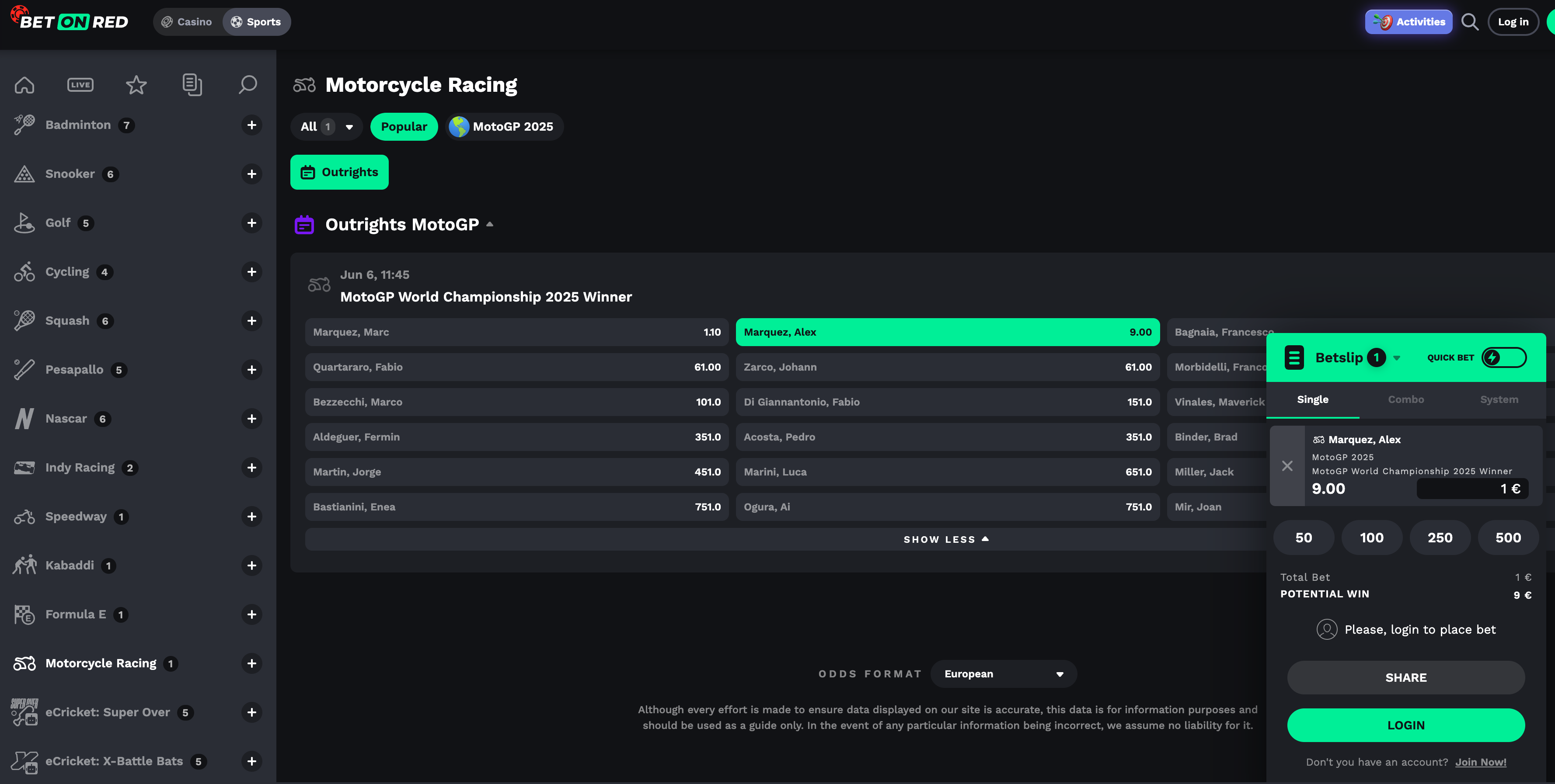 bet on red motogp betting interface