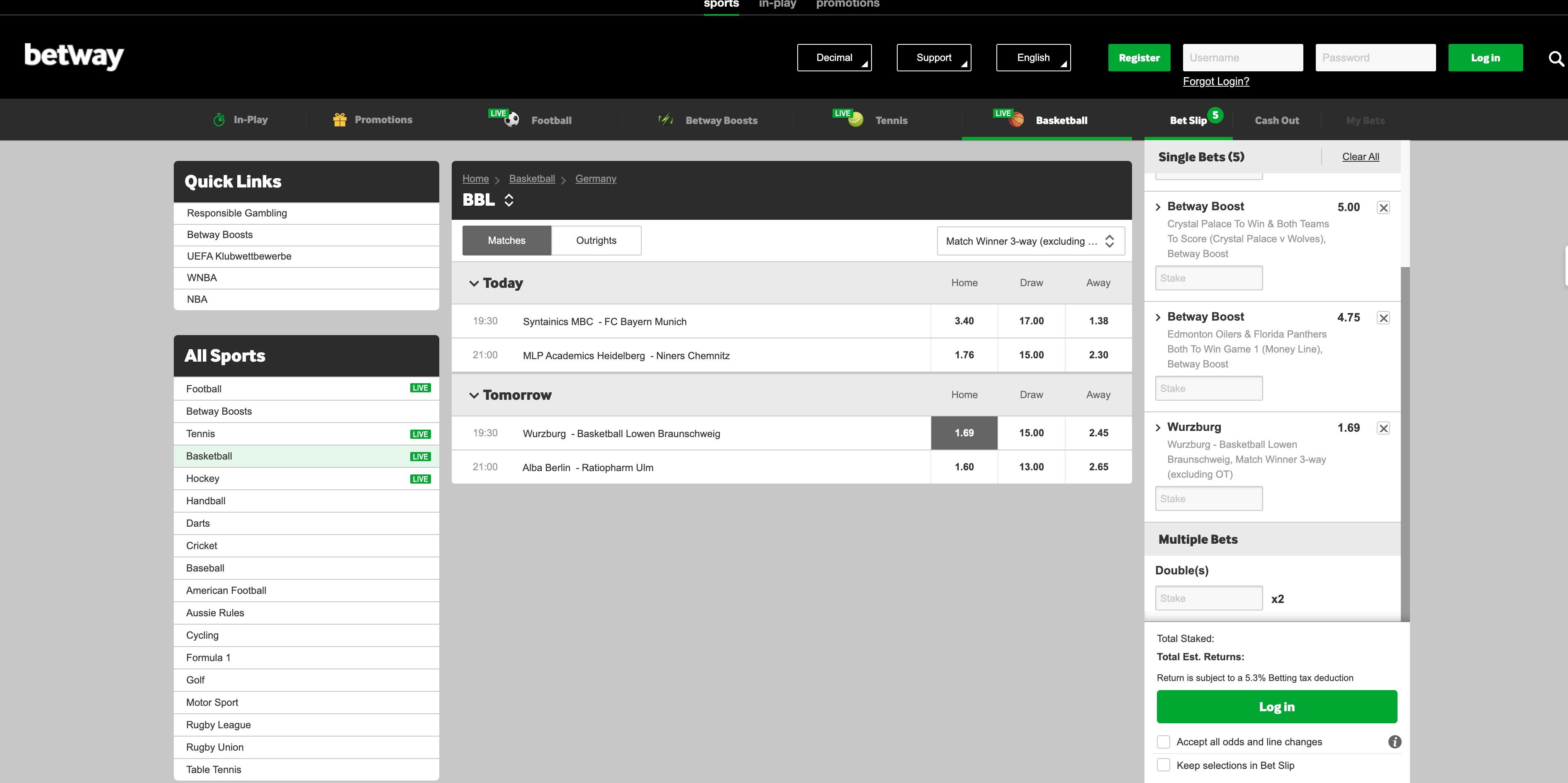 betway live betting page