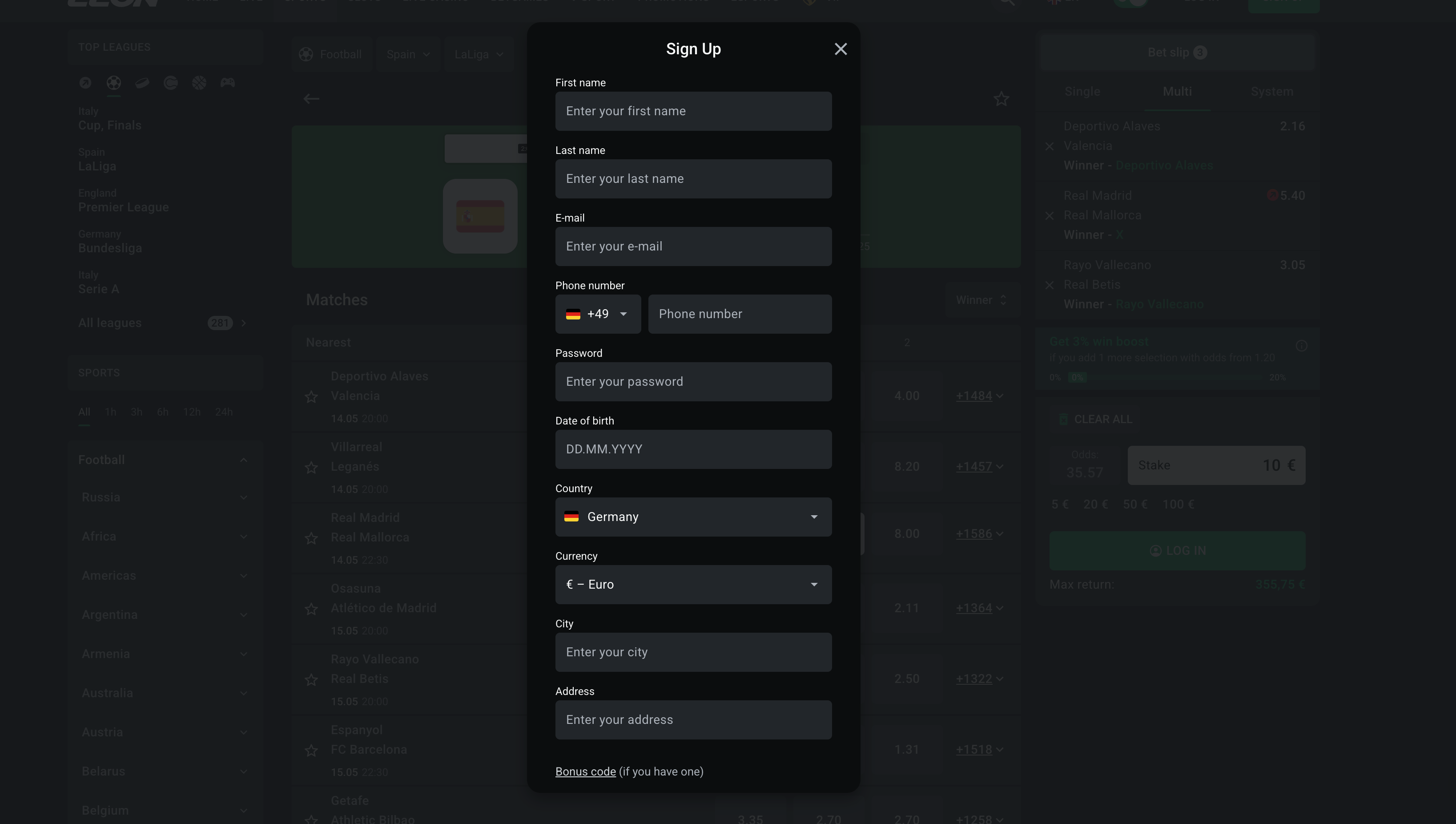 leonbet registration interface