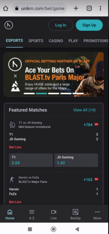 Unikrn website on mobile