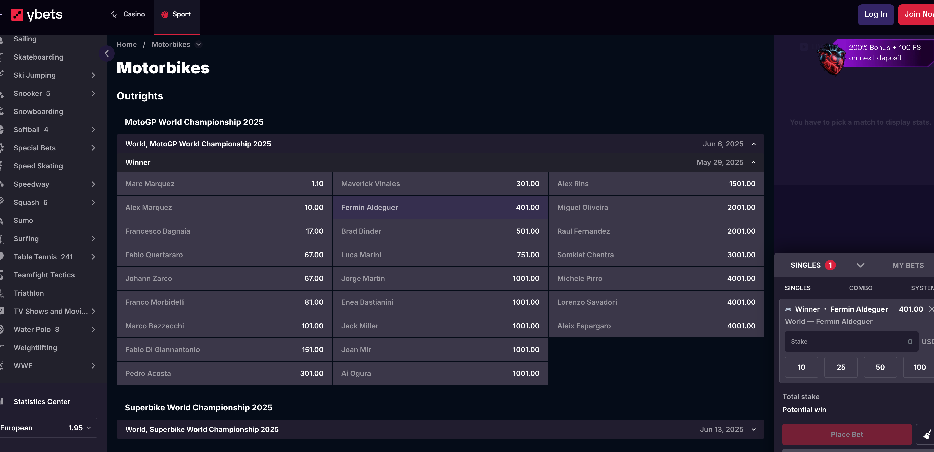 ybets motogp betting interface