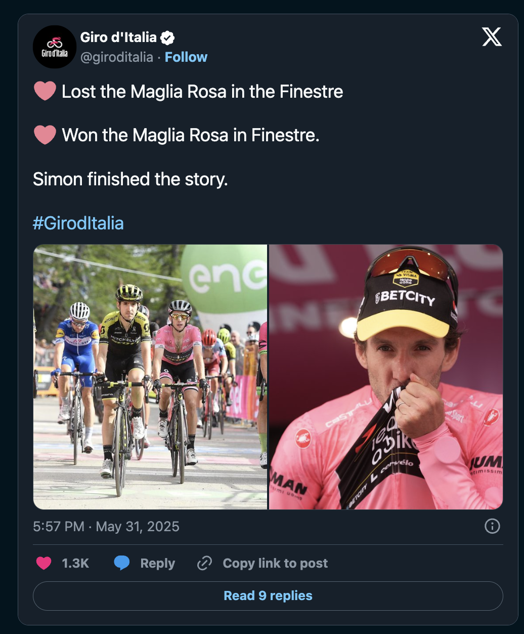 official tweet from giro d'italia regarding Yates taking over the kjersey