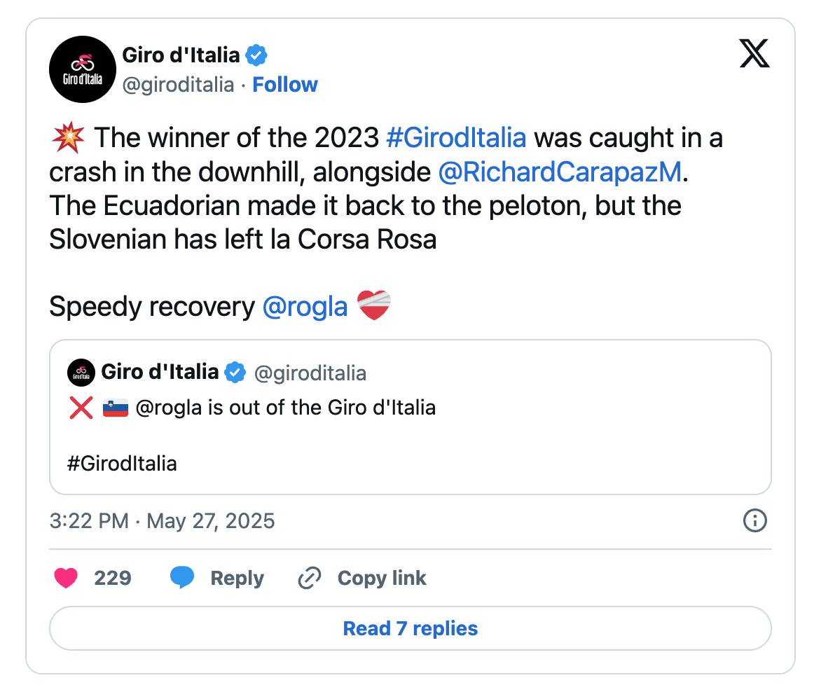 official message from Giro d'Italia Twitter regarding Roglic crash