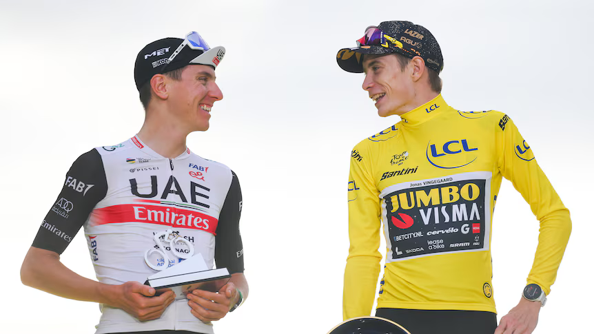 Tadej and Pogi on the podium in 2023